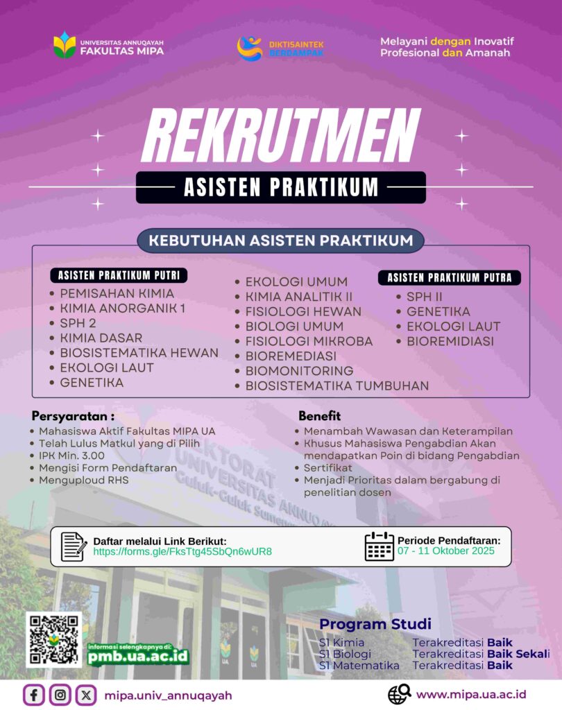 Rekrutmen Asisten Praktikum Fakultas MIPA Universitas Annuqayah Tahun Akademik 2025/2026 telah dibuka!